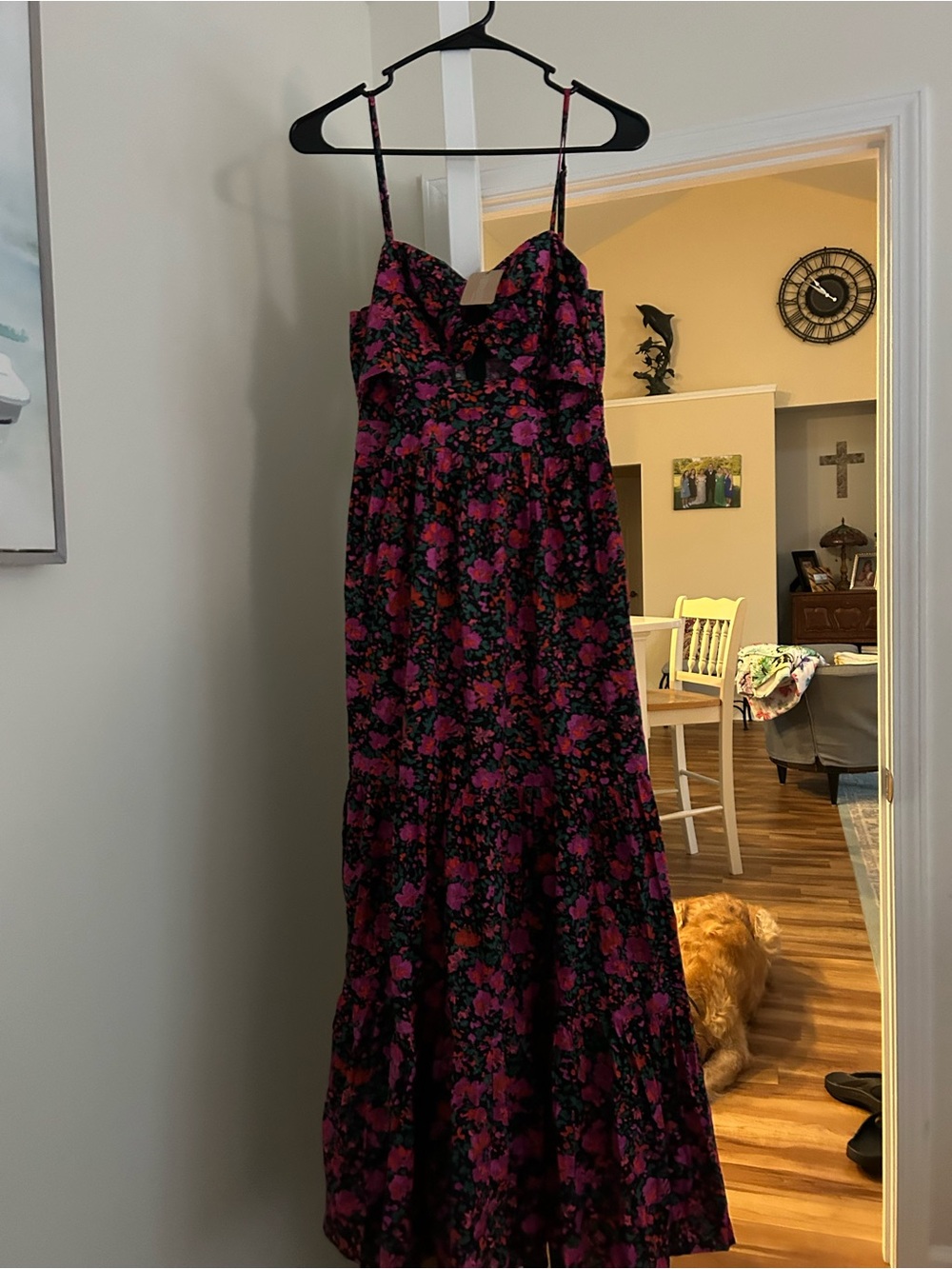 vestique Black Maxi Dress with Magenta Floral Print